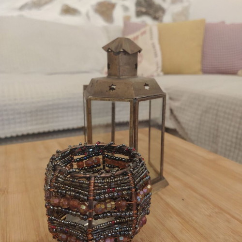 Candle Holder for Tealight with Metal Frame and Purple Beads like new