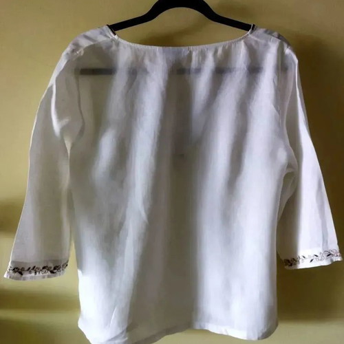 Silvio Testino linen blouse used, white with brown embroidered detail, size Large No50