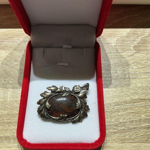 Vintage Sterling Silver 925 Brooch Pin with Natural Jasper Stone, used