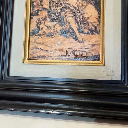 Vintage Pyrography Wall Frame with Greek Mythology and Artist Signature 46x34 used