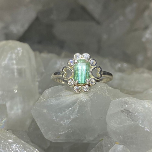 Silver ring with natural green tourmaline and moissanite, new