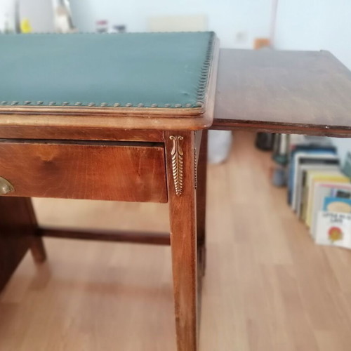 Vintage wooden desk used, walnut color with intact leather surface