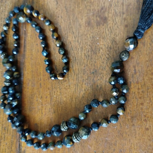 Blue Tiger Eye Malas Necklace like new with bronze elements, 80 cm