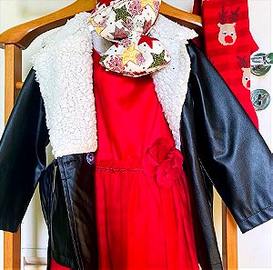 Εορταστικό κοριτσίστικο σετακι δερματινι πανωφόρι,φόρεμα με λάμψη,κορδέλα και καλσον