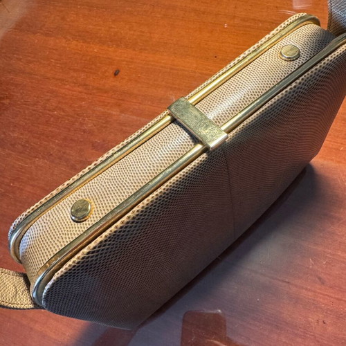 Vintage leather handbag with reptile texture like new, beige gold