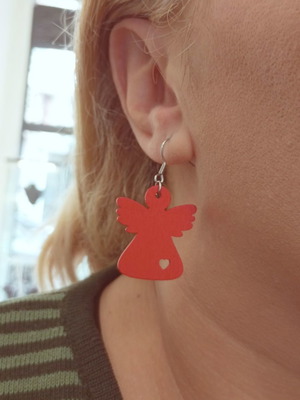 Wooden angel earrings red with stainless steel hooks