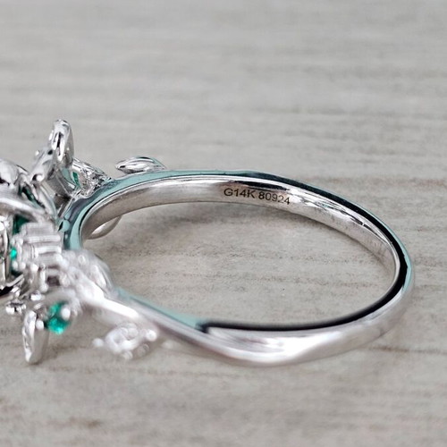 14K White Gold Engagement Ring with Emerald and Moissanite