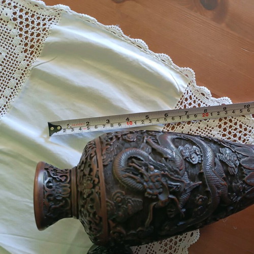 Wooden carved vases like new, solid ebony with dragons and flowers