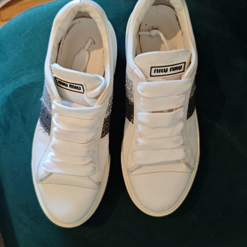 Miu Miu Glitter Stripe Leather Sneakers like new, size 36, white