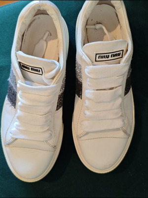 Miu Miu Glitter Stripe Leather Sneakers like new, size 36, white