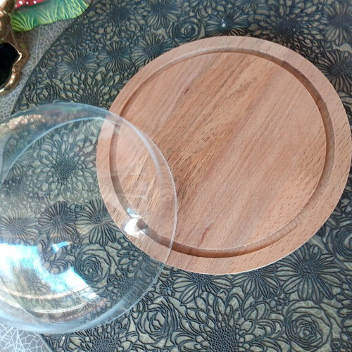 Wooden cheese base or craft stand with transparent dome lid used