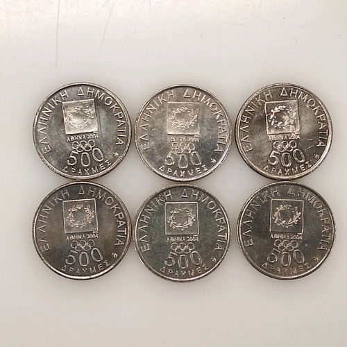 Set of 6 500 Drachma Coins Athens 2004 like new
