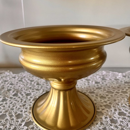 Vintage gold metal vases/caspo and flowerpots elegant pair 16cm