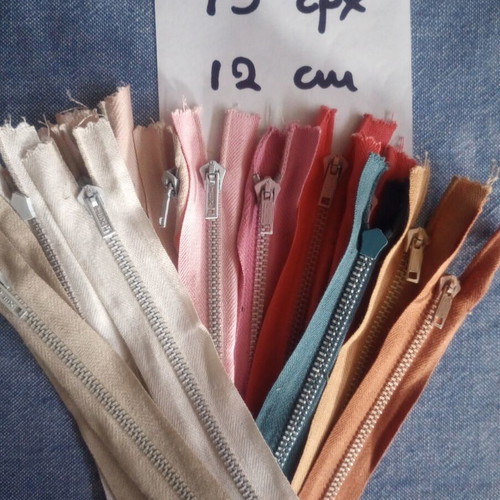 Set of 15 Metal Zippers, 12 cm, Various Colors, Vintage Stock