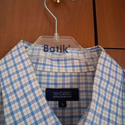 Texbasic men's checked shirt, blue and white, long sleeve, size L