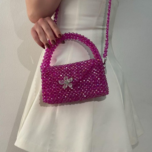 Handmade shoulder bag with crystal beads in fuchsia-pink