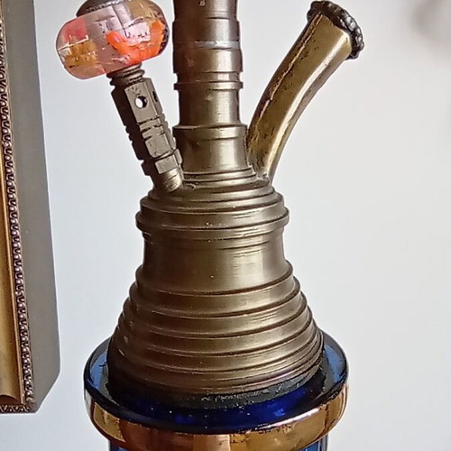 Vintage handmade table lamp with thick blue glass and brass, like new