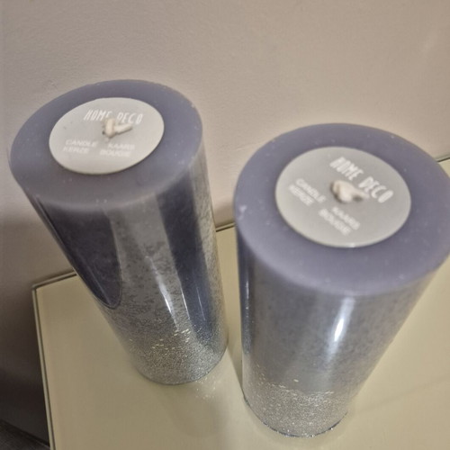 Decorative candle set 2 gray-blue with silver glitter, new