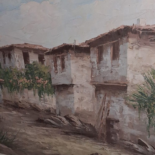 Oil Painting Dimas Traditional Greek Village framed, like new