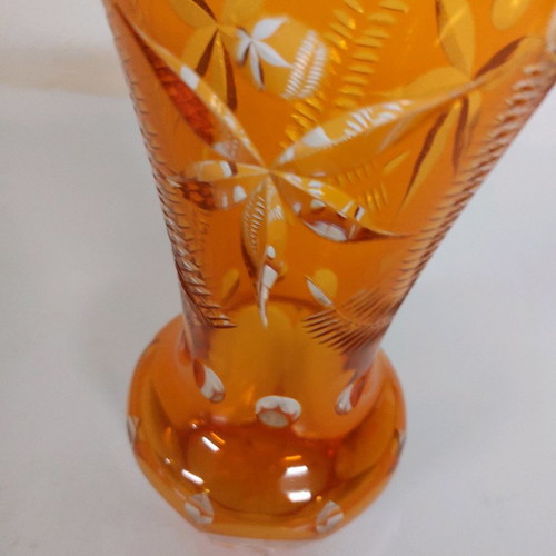 Bohemia vase used 22 cm orange crystal with tayé engraving