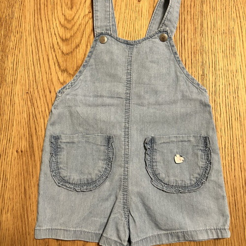 Prenatal baby girl set denim shorts overalls and white blouse 6-9 months like new