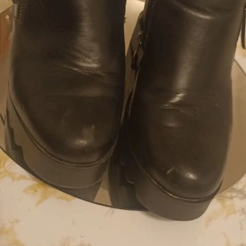 Black leather wedge platform boots