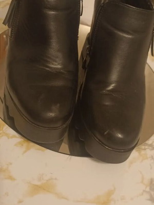 Black leather wedge platform boots