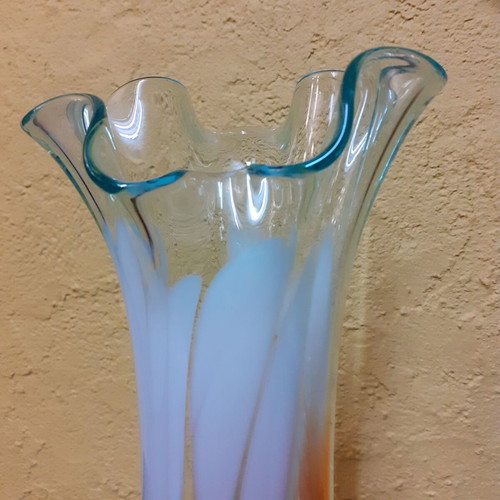 Glass vase used, vintage artistic blown glass with white and orange colors