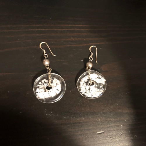 Earrings used, dangling with silver leaf transparent