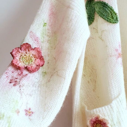 Cardigan long knit with handmade crochet flowers, new, alpaca wool