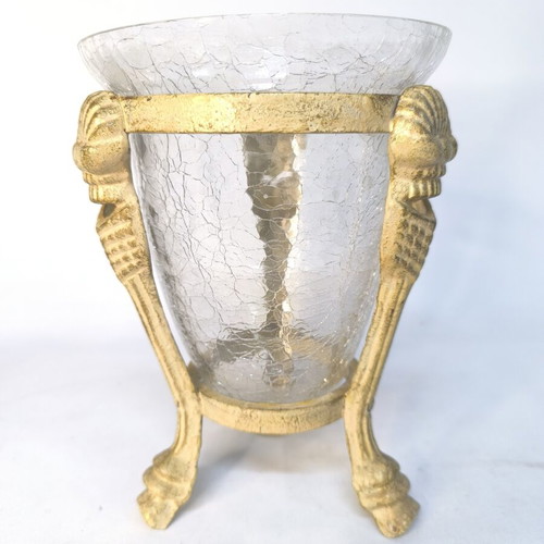 Decorative glass vase with three metal legs like new