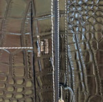 Large black leather Dogon-style wallet with strap and croco texture
