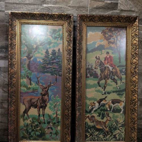 Embroidered paintings used with baroque frames, 1950s, hunting scenes