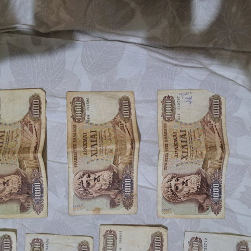1000 Drachma banknotes used, lot of 7, 1970 edition with Zeus and Bouboulina