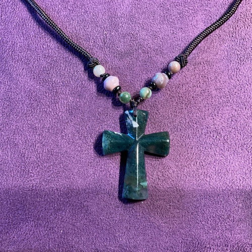 Cross made of genuine moss agate stone new