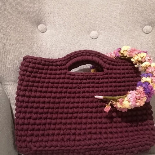 Handmade crochet handbag in eggplant color with gold details