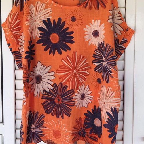 Floral Cotton T-shirt L-XL like new, orange
