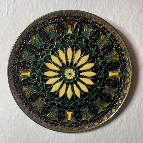 Decorative wall plate collectible with Byzantine mosaic, brass and enamel