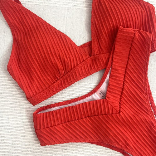 Coral high-waisted bikini with ribbed texture, medium