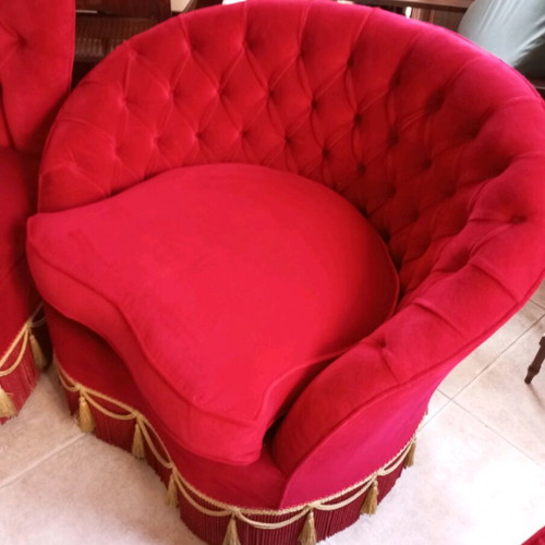 Handmade three-seater sofa and armchairs like new, red velvet