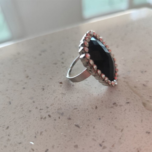 Black ring with black stone and strass adjustable, like new