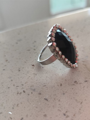 Black ring with black stone and strass adjustable, like new