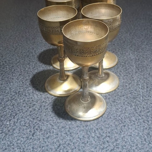 Liqueur glasses set of 6 used, vintage bronze with silver plating