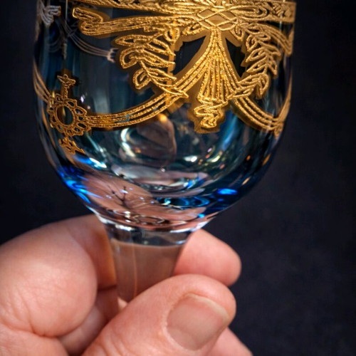 Vintage liqueur glasses set of 6 like new with blue glass and gold decoration