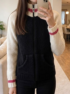 Lee knitted zip-up cardigan like new, black and white with pink stripes