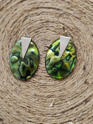 Vintage handmade dangle earrings with green abalone shell