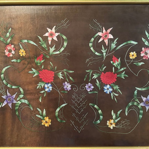 Vintage handmade embroidery framed textile art