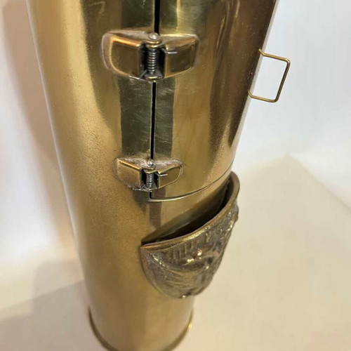 Antique handmade brass floor ashtray from shell with door and emblem 52x13