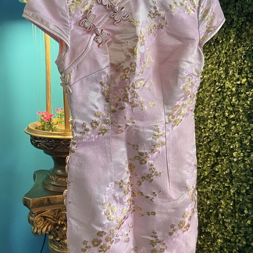 Qipao dress pink satin with gold floral patterns new, size XXXS