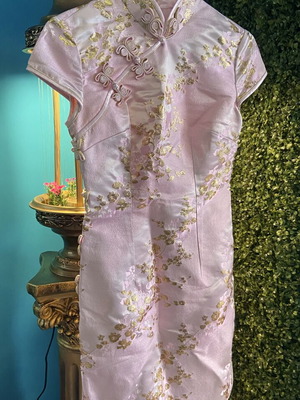 Qipao dress pink satin with gold floral patterns new, size XXXS